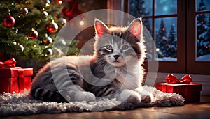 A cat sits on a carpet surrounded by Christmas decorations