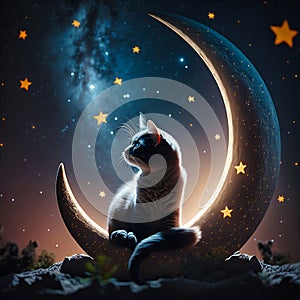 A cat sits on a crescent moon with stars, generative AI photo