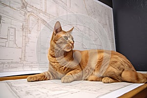 cat sits in front of wall-sized blueprint, pawing at the plans