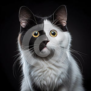 Cat sits regally, gazing directly at the camera with its dilated pupils. Generative AI. photo