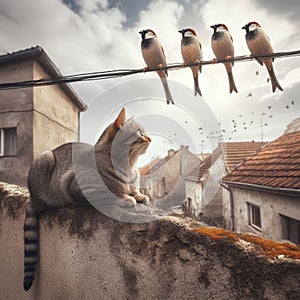 Cat sits on rooftop gazing at three birds on wire