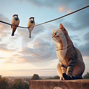 Cat sits on rooftop gazing at three birds on wire