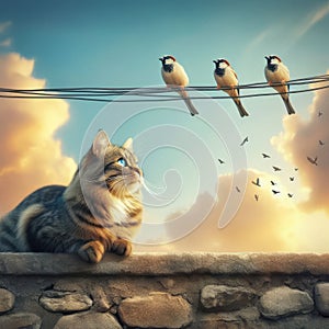 Cat sits on rooftop gazing at three birds on wire