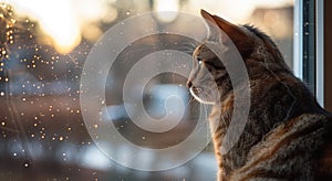 cat sits staring out of a window,