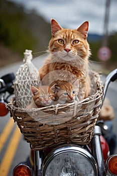 A cat sitting in a basket on a motorcycle with two kittens