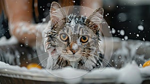 Cat Sitting in Bathtub With Bubbles