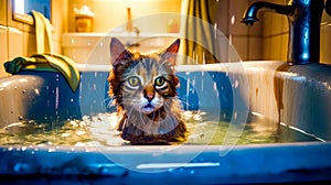 Cat sitting in bathtub with water splashing all over it. Generative AI