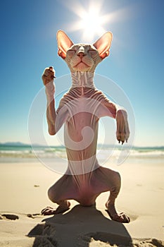 A cat sitting on a beach with the sun in the background. Generative AI image.