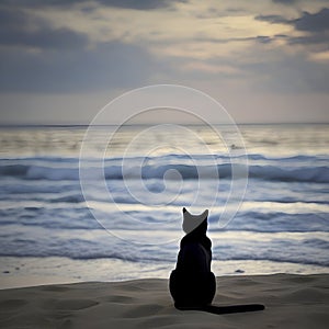 A cat is sitting on the beach watching the blue waves. AI-generated.