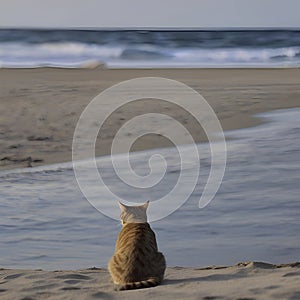 A cat is sitting on the beach watching the blue waves. AI-generated.