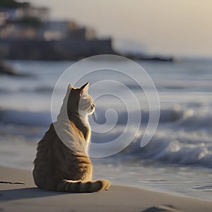 A cat is sitting on the beach watching the blue waves. AI-generated.