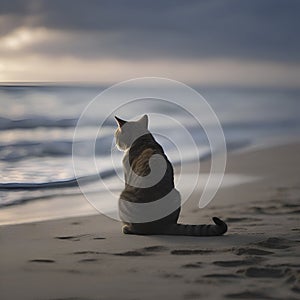 A cat is sitting on the beach watching the blue waves. AI-generated.