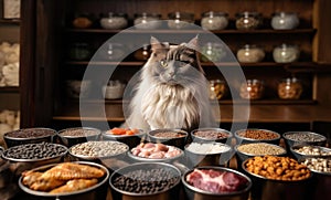 cat sitting behind cat food ingredients