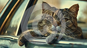 A cat sitting in a car window with its paws on the door, AI