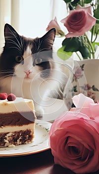 Cat sitting on a chair looking at the cake on the table