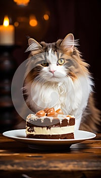 Cat sitting on a chair looking at the cake on the table