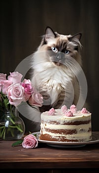 Cat sitting on a chair looking at the cake on the table