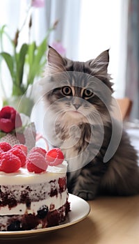 Cat sitting on a chair looking at the cake on the table