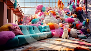 Cat sitting on colorful couch in room filled with fake fur. Generative AI