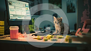 A cat sitting on a desk in front of a computer. Generative AI image