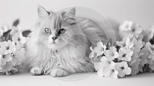 A cat sitting in a field of flowers with some white ones, AI