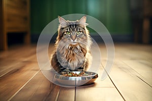 A cat sitting on the floor, eating out of a bowl