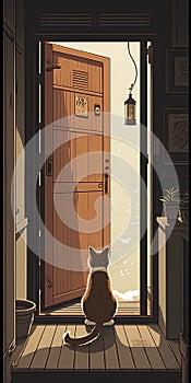 Cat sitting in front of the door at night. Vector illustration.