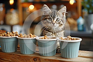 Cat Sitting in Front of Four Cups of Food. Generative AI