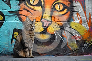 cat sitting by graffiti wall with head turned sideways with tongue in front