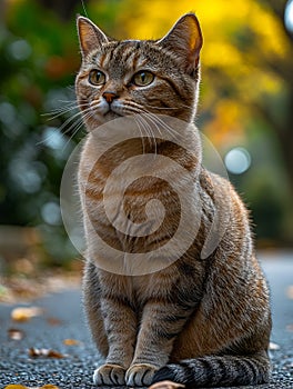 A cat sitting on the ground looking up at the camera