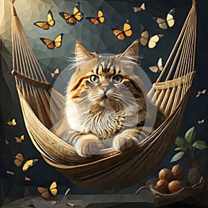 A cat sitting in a hammock surrounded by butterflies.