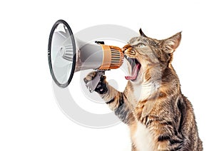 A cat sitting on its hind legs screams into a megaphone on a white background