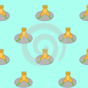 The cat is sitting on the mat, doing sports, yoga, and physical exercise. Cheerful character, animal. Vector seamless pattern.