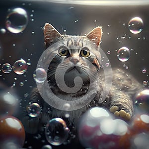 a cat sitting in the middle of a bunch of bubbles with a surprised look on its face and eyes, looking up at the camera