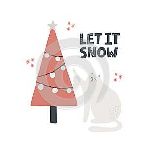 Cat sitting near christmas tree. Let it snow lettering. Hand drawn vector illustration. Greeting card template