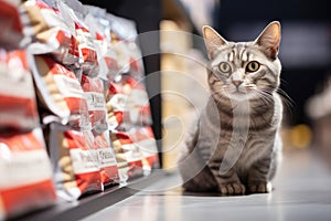 Cat sitting is near the pet food shelf in pet store
