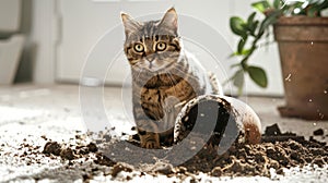 Cat sitting next to overturned plant pot on white carpet , surrounded by scattered soil. Mischievous pet concept. Indoor