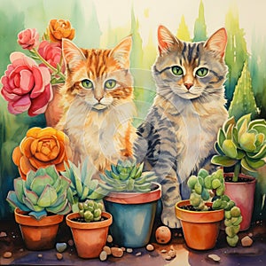 Cat sitting next to succulents and cactuses watercolor painting.