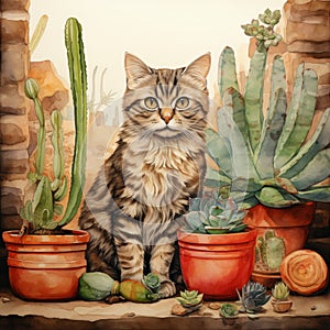 Cat sitting next to succulents and cactuses watercolor painting.