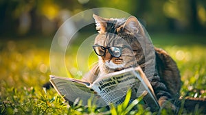 Cat sitting and reading newspaper. Cat sitting on the grass in the park