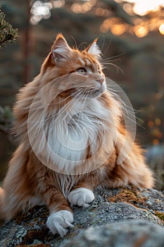 A cat sitting on a rock with its head up, AI