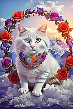 a cat that is sitting on a rock A White, Orange, Purple, and Blue Cat Wearing a Bright Red Rose