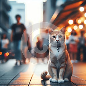 A cat sitting on the sidewalk with a blurred background of people passing by.