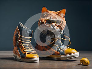 the cat is sitting in sneakers