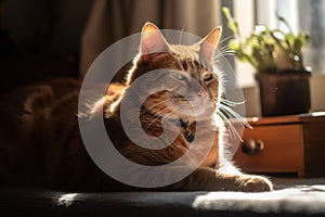 cat sitting in sunbeam, eyes closed and body relaxed