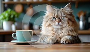A cat is sitting on a table next to a cup of coffee