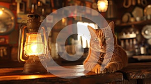 A cat sitting on a table next to an old lantern, AI