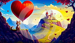 Cat sitting on top of hill next to heart shaped balloon