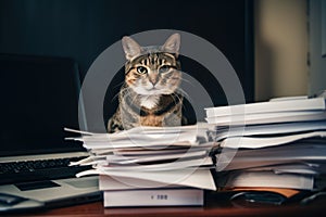 A cat sitting on top of a pile of papers. AI generative image.