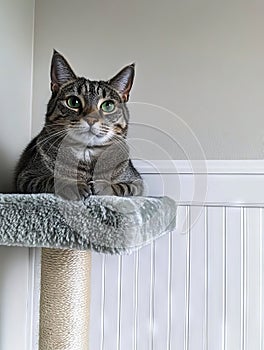 A cat sitting on top of a scratching post